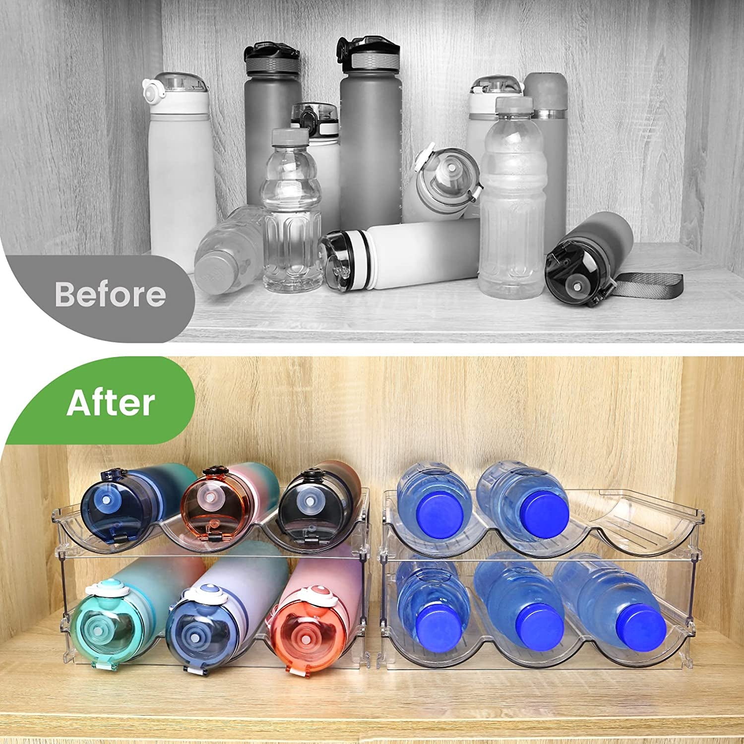 Water Bottle Organizer Set for Cabinet and Kitchen, Stackable Storage Racks for Tumblers and Bottles, 2 Pack