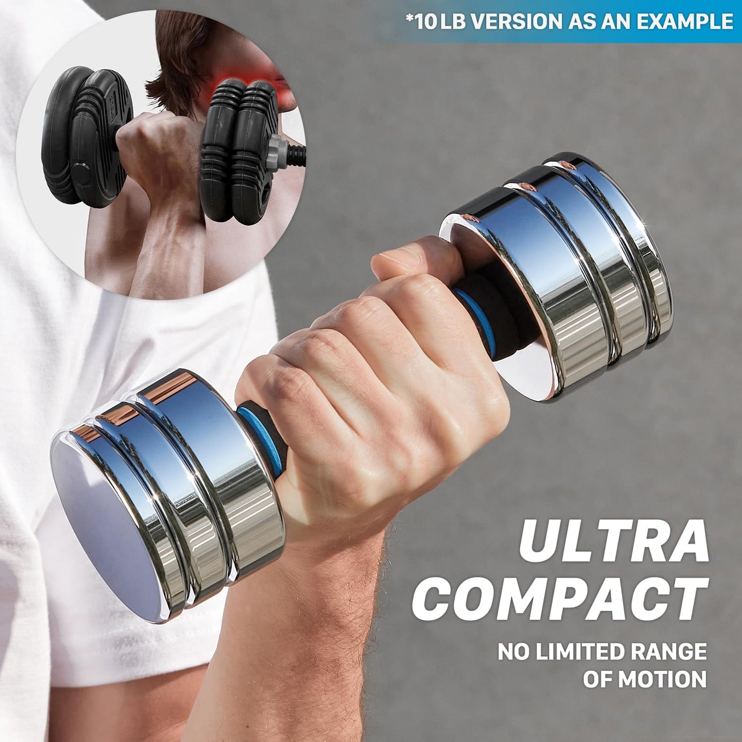Ultracompact Adjustable Chrome Dumbbells with Foam Handles - Available in 5lb, 10lb, 15lb, 20lb, 30lb, and 50lb for Home Gym Workouts