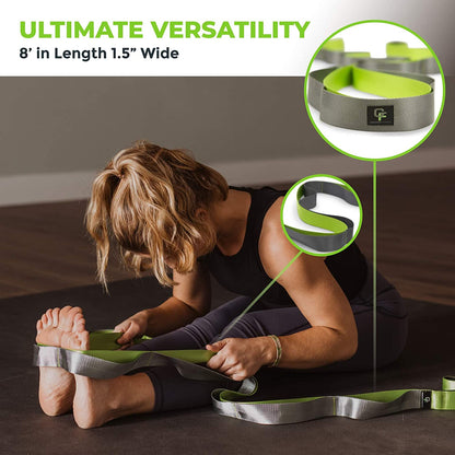 Professional Stretching Strap for Physical Therapy - 12 Multi-Loop Design, 1.5" W x 8' L, Neoprene Handles, Ideal for Yoga and Leg Stretching