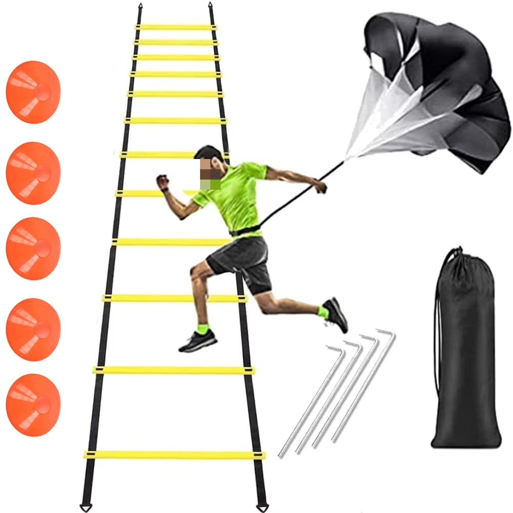 Professional Agility Ladder Training Set - 20 Ft Speed Equipment with 12 Rungs, Running Parachute, Disc Cones, Steel Stakes, and Carry Bag for Football, Basketball, and Hockey