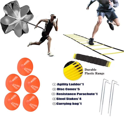 Professional Agility Ladder Training Set - 20 Ft Speed Equipment with 12 Rungs, Running Parachute, Disc Cones, Steel Stakes, and Carry Bag for Football, Basketball, and Hockey
