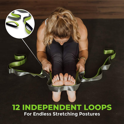 Professional Stretching Strap for Physical Therapy - 12 Multi-Loop Design, 1.5" W x 8' L, Neoprene Handles, Ideal for Yoga and Leg Stretching