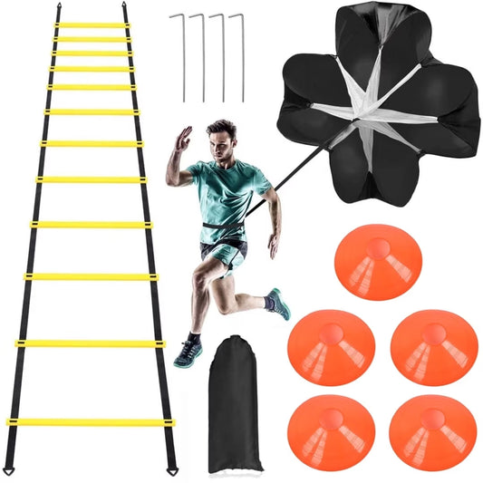 Professional Agility Ladder Training Set - 20 Ft Speed Equipment with 12 Rungs, Running Parachute, Disc Cones, Steel Stakes, and Carry Bag for Football, Basketball, and Hockey