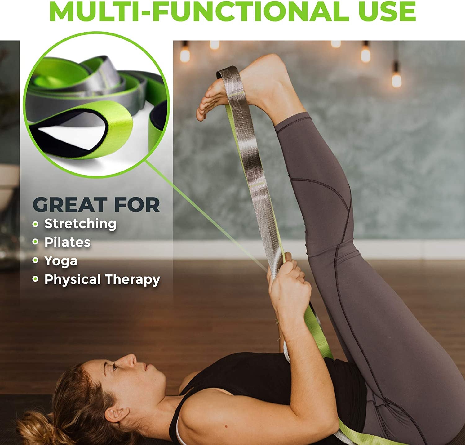 Professional Stretching Strap for Physical Therapy - 12 Multi-Loop Design, 1.5" W x 8' L, Neoprene Handles, Ideal for Yoga and Leg Stretching